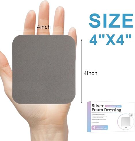 Silver Silicone Foam Dressing Without Border 4 Pack Non Stick Gentle Pads Ag Sterile Highly Absorbent Wound Dressing 4"×4" for Burns Ulcers Abrasions Pressure Sore in Saudi Arabia