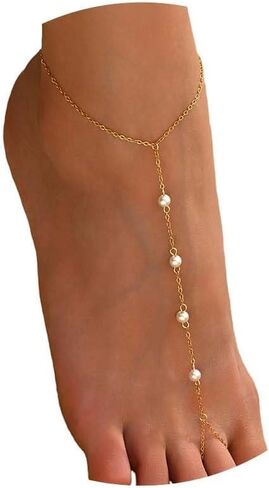 Anklets for Women Waterproof 18K Gold Plated Pearl Beaded Heart Diamond Ankle Bracelets Dainty Toe Ring Foot Chain Anklets Beach Jewelry Gifts in Kuwait