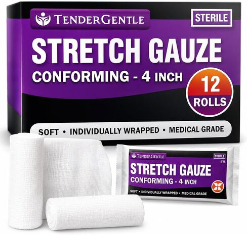 Conforming Stretch Gauze Rolls 4 Inch - Pack of 12 White Sterile Gauze Wrap for Wounds - Good for Sprained Ankles, Wrists, and More in Kuwait