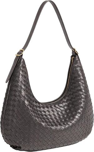 Woven Hobo Bag for Women, Crescent Shoulder Bag, Soft Vegan Leather, Gold Zipper, Daily Work Handbag in Saudi Arabia