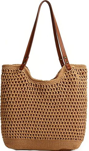 Multi-functional Straw Hobo Bag,Handwoven Summer Tote with Leather Handles for Vacation & Daily Use in Saudi Arabia