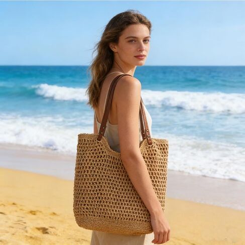 Multi-functional Straw Hobo Bag,Handwoven Summer Tote with Leather Handles for Vacation & Daily Use in Saudi Arabia