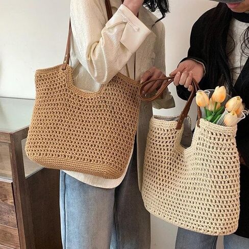 Multi-functional Straw Hobo Bag,Handwoven Summer Tote with Leather Handles for Vacation & Daily Use in Saudi Arabia