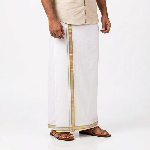 طبقة واحدة بيضاء Dhoti Vesti Mundu التقليدية Dhoti مع حدود للمناسبات الدينية وطقوس الزفاف Puja والهدايا in Kuwait