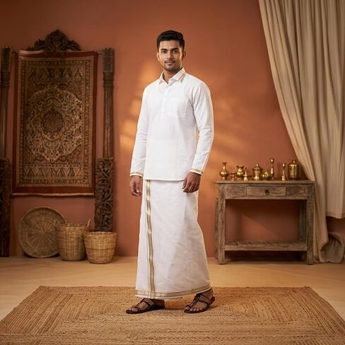 طبقة واحدة بيضاء Dhoti Vesti Mundu التقليدية Dhoti مع حدود للمناسبات الدينية وطقوس الزفاف Puja والهدايا in Kuwait