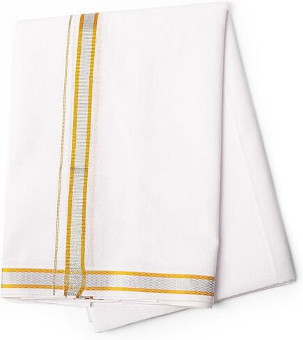 طبقة واحدة بيضاء Dhoti Vesti Mundu التقليدية Dhoti مع حدود للمناسبات الدينية وطقوس الزفاف Puja والهدايا in Kuwait