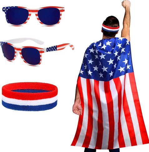 250 Year American Flag Costume Cape, Retro 80's USA Sunglasses and Flag Headband for 4th of July Outfits Patriotic USA Independence Day in Saudi Arabia