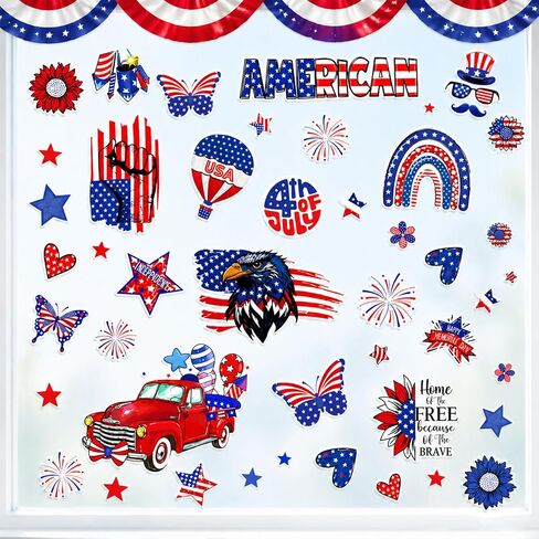 4th of July Window Clings 102pcs 9 Sheets Reusable Static Patriotic American Flag Stars Firework Stickers, Red White Blue Decorations for Glass Windows Independence Day Memorial Day Holiday in Saudi Arabia