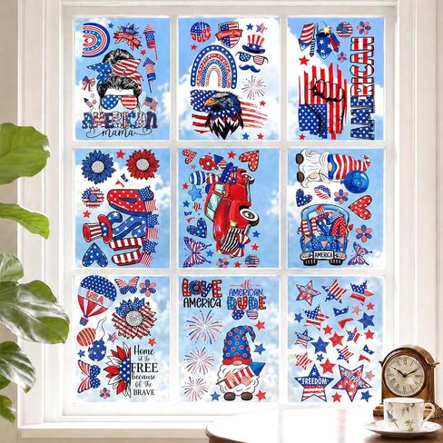 4th of July Window Clings 102pcs 9 Sheets Reusable Static Patriotic American Flag Stars Firework Stickers, Red White Blue Decorations for Glass Windows Independence Day Memorial Day Holiday in Saudi Arabia