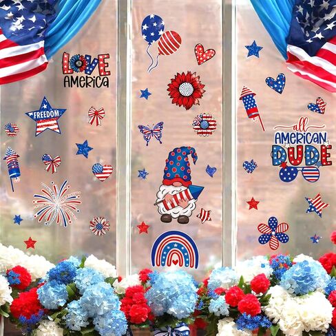 4th of July Window Clings 102pcs 9 Sheets Reusable Static Patriotic American Flag Stars Firework Stickers, Red White Blue Decorations for Glass Windows Independence Day Memorial Day Holiday in Saudi Arabia