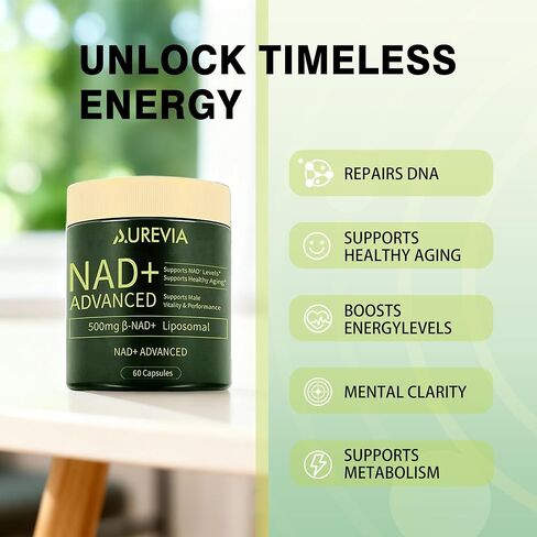 Aurevia NAD+ Advanced Supplement 500mg, Liposomal NAD+ Capsules, Daily Wellness Formula for Women & Men, 60 Capsules in Kuwait