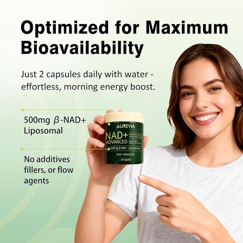 Aurevia NAD+ Advanced Supplement 500mg, Liposomal NAD+ Capsules, Daily Wellness Formula for Women & Men, 60 Capsules in Kuwait