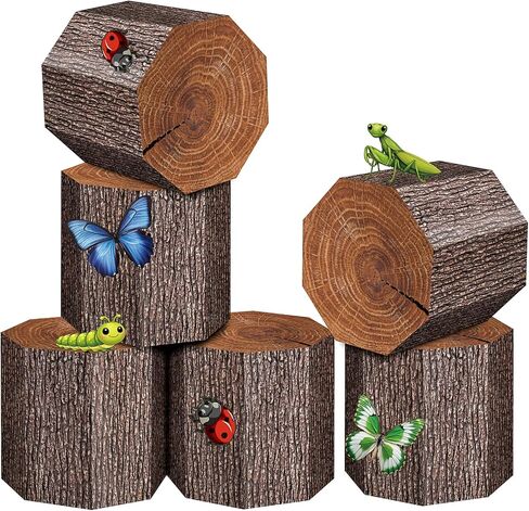6Pcs Cowboy Western Party Decorations Tree Stump Boxes | Includes 3D wood grain paper centerpiece boxes with insect stickers for camping farm themed parties table displays in Saudi Arabia