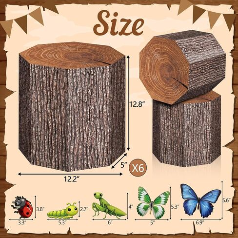 6Pcs Cowboy Western Party Decorations Tree Stump Boxes | Includes 3D wood grain paper centerpiece boxes with insect stickers for camping farm themed parties table displays in Saudi Arabia
