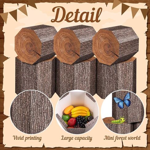 6Pcs Cowboy Western Party Decorations Tree Stump Boxes | Includes 3D wood grain paper centerpiece boxes with insect stickers for camping farm themed parties table displays in Saudi Arabia
