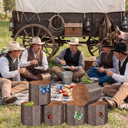 6Pcs Cowboy Western Party Decorations Tree Stump Boxes | Includes 3D wood grain paper centerpiece boxes with insect stickers for camping farm themed parties table displays in Saudi Arabia