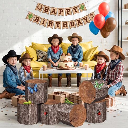 6Pcs Cowboy Western Party Decorations Tree Stump Boxes | Includes 3D wood grain paper centerpiece boxes with insect stickers for camping farm themed parties table displays in Saudi Arabia