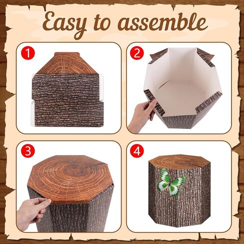 6Pcs Cowboy Western Party Decorations Tree Stump Boxes | Includes 3D wood grain paper centerpiece boxes with insect stickers for camping farm themed parties table displays in Saudi Arabia