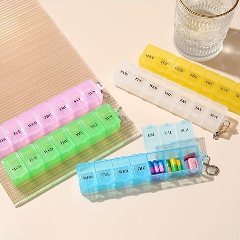 7-Day Pill Organizer Rectangular Portable Compact Plastic Medicine Case for Travel and Daily Use Pill Sorting with Keychain, Blue in Kuwait