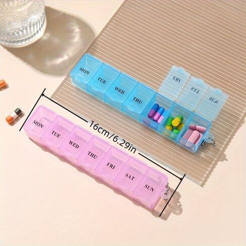 7-Day Pill Organizer Rectangular Portable Compact Plastic Medicine Case for Travel and Daily Use Pill Sorting with Keychain, Blue in Kuwait