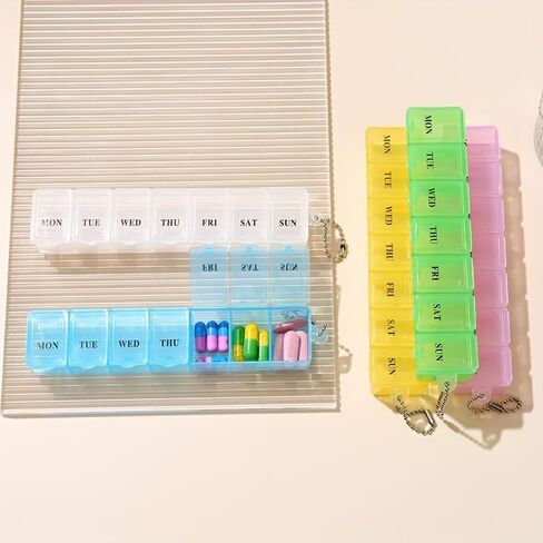 7-Day Pill Organizer Rectangular Portable Compact Plastic Medicine Case for Travel and Daily Use Pill Sorting with Keychain, Blue in Kuwait