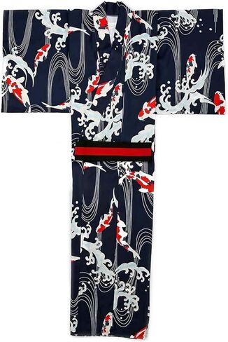 Men's Japanese Traditional Kimono Robe Long Sleeve Spa House Bathrobe Easy Wearing Yukata Sleepwear Nightgown Unisex with OBI Belt Set Navy in Saudi Arabia