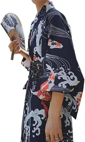 Men's Japanese Traditional Kimono Robe Long Sleeve Spa House Bathrobe Easy Wearing Yukata Sleepwear Nightgown Unisex with OBI Belt Set Navy in Saudi Arabia