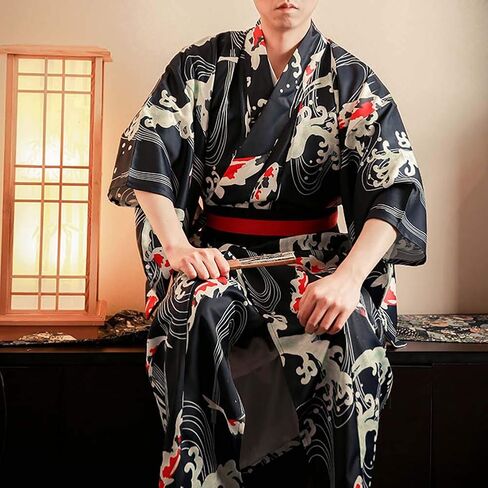Men's Japanese Traditional Kimono Robe Long Sleeve Spa House Bathrobe Easy Wearing Yukata Sleepwear Nightgown Unisex with OBI Belt Set Navy in Saudi Arabia
