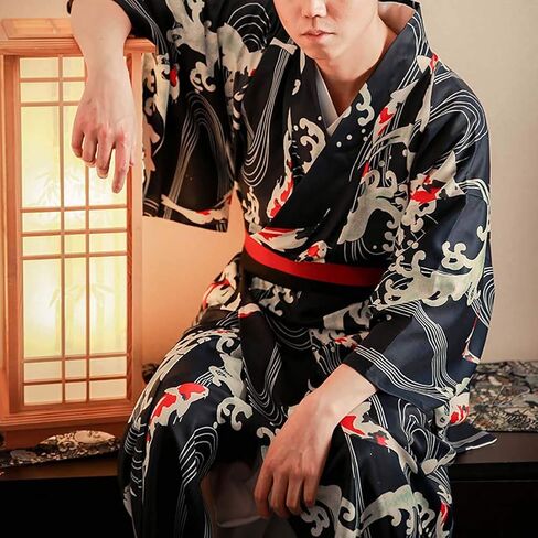 Men's Japanese Traditional Kimono Robe Long Sleeve Spa House Bathrobe Easy Wearing Yukata Sleepwear Nightgown Unisex with OBI Belt Set Navy in Saudi Arabia