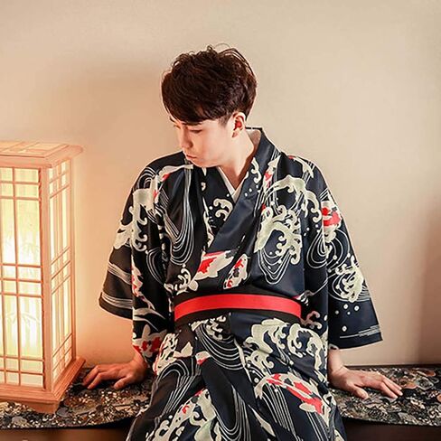 Men's Japanese Traditional Kimono Robe Long Sleeve Spa House Bathrobe Easy Wearing Yukata Sleepwear Nightgown Unisex with OBI Belt Set Navy in Saudi Arabia