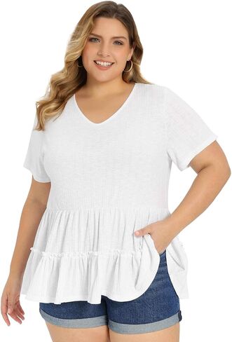 Plus Size Babydoll Tops for Women V Neck Short Sleeve Casual Loose Fit Summer Blouses Top in Saudi Arabia