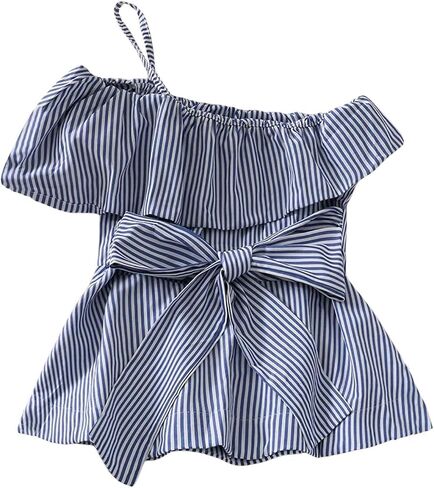 Verdusa Women's Striped Asymmetrical One Shoulder Tops Bow Tie Waist Dressy Blouses Summer Peplum Shirts in Kuwait