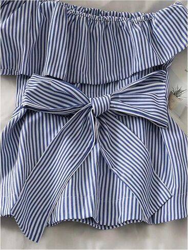 Verdusa Women's Striped Asymmetrical One Shoulder Tops Bow Tie Waist Dressy Blouses Summer Peplum Shirts in Kuwait