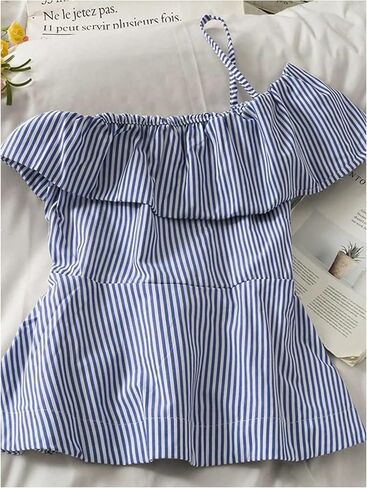 Verdusa Women's Striped Asymmetrical One Shoulder Tops Bow Tie Waist Dressy Blouses Summer Peplum Shirts in Kuwait