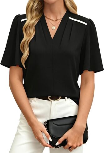 Fayenne Business Casual Tops for Women Blouses Dressy Casual Color Block V Neck Ruffle Short Sleeve Work Office Shirts in Saudi Arabia