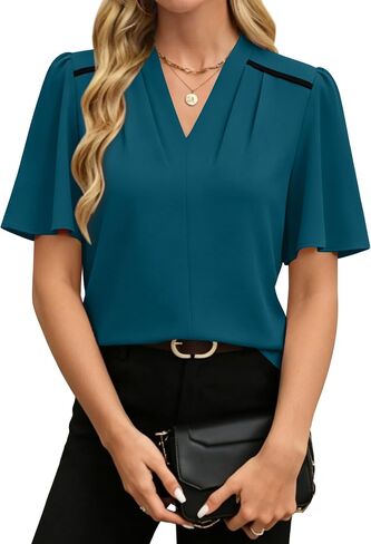 Fayenne Business Casual Tops for Women Blouses Dressy Casual Color Block V Neck Ruffle Short Sleeve Work Office Shirts in Kuwait