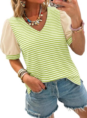 Tankaneo Womens Puff Sleeve Striped T-Shirts Summer V Neck Color Block Tops Trendy Casual Loose Fit Blouses in Kuwait