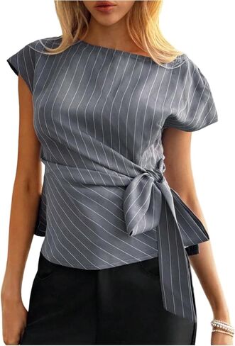 OYOANGLE Women's Striped Cap Sleeve Blouse Bow Belted Ruched Crew Neck Work Office Dressy Tops in Kuwait