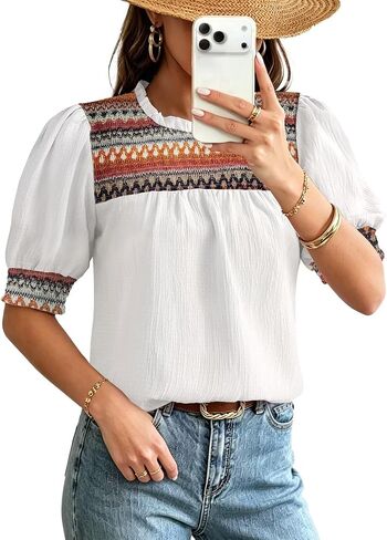 Falechay Womens Summer Tops Boho Geometric Ruffle Crewneck Blouses Puff Short Sleeve Shirts Dressy Casual Chiffon Tunic in Saudi Arabia