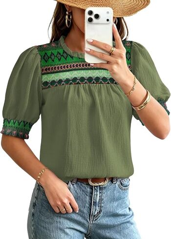 Falechay Womens Summer Tops Boho Geometric Ruffle Crewneck Blouses Puff Short Sleeve Shirts Dressy Casual Chiffon Tunic in Saudi Arabia