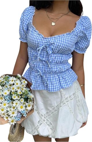 Floerns Women's Cute Bowknot Gingham Peplum Tops Puff Sleeve Frill Trim Y2k Going Out Tops in Kuwait