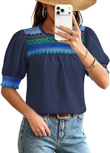 Falechay Womens Summer Tops Boho Geometric Ruffle Crewneck Blouses Puff Short Sleeve Shirts Dressy Casual Chiffon Tunic in Saudi Arabia