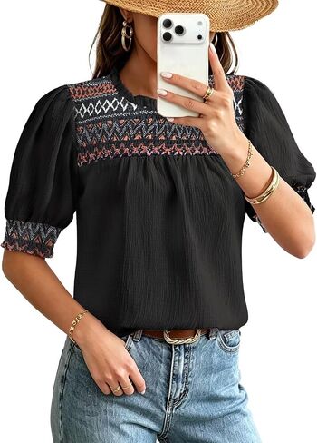 Falechay Womens Summer Tops Boho Geometric Ruffle Crewneck Blouses Puff Short Sleeve Shirts Dressy Casual Chiffon Tunic in Saudi Arabia