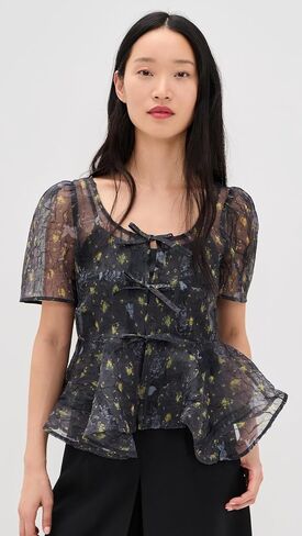 Ganni Women's Printed Shibori Organza Sun Cut Peplum Blouse in Saudi Arabia