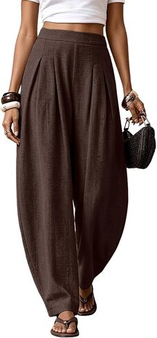 Women Linen Wide Leg Palazzo Barrel Pants Drawstring Casual 2026 Summer Beach Vacation Boho Baggy Pant with Pockets in Kuwait