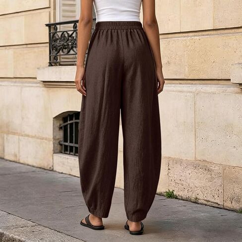 Women Linen Wide Leg Palazzo Barrel Pants Drawstring Casual 2026 Summer Beach Vacation Boho Baggy Pant with Pockets in Kuwait