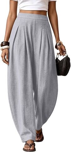 Women Linen Wide Leg Palazzo Barrel Pants Drawstring Casual 2026 Summer Beach Vacation Boho Baggy Pant with Pockets in Kuwait