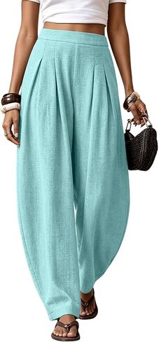 Women Linen Wide Leg Palazzo Barrel Pants Drawstring Casual 2026 Summer Beach Vacation Boho Baggy Pant with Pockets in Kuwait