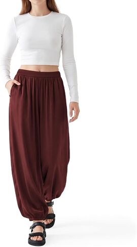 OctMoon Women's Chiffon Palazzo Pants: Flowy Wide Leg Harem Pants, Summer Beach Balloon & Lantern Style Lounge Pants in Kuwait