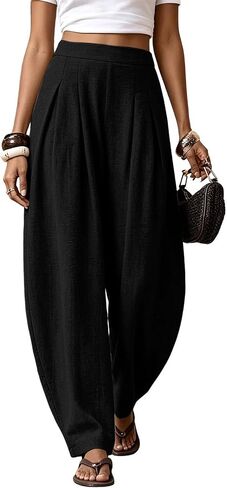 Women Linen Wide Leg Palazzo Barrel Pants Drawstring Casual 2026 Summer Beach Vacation Boho Baggy Pant with Pockets in Kuwait